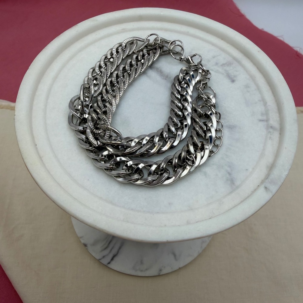 Silver Tone Layered Chunky Chain Bracelet Textured Curb Link Statement Jewelry